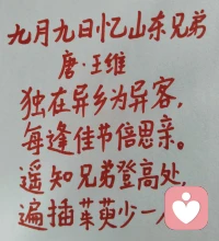 今天是重阳节，抄写唐代诗人王维的一首诗，送给大家，祝大家重阳节快乐！